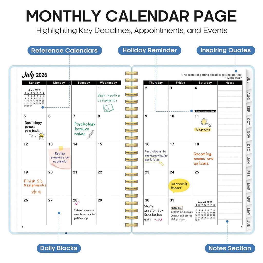 Monthly calendar planner page with July–June grid, reference links, and notes