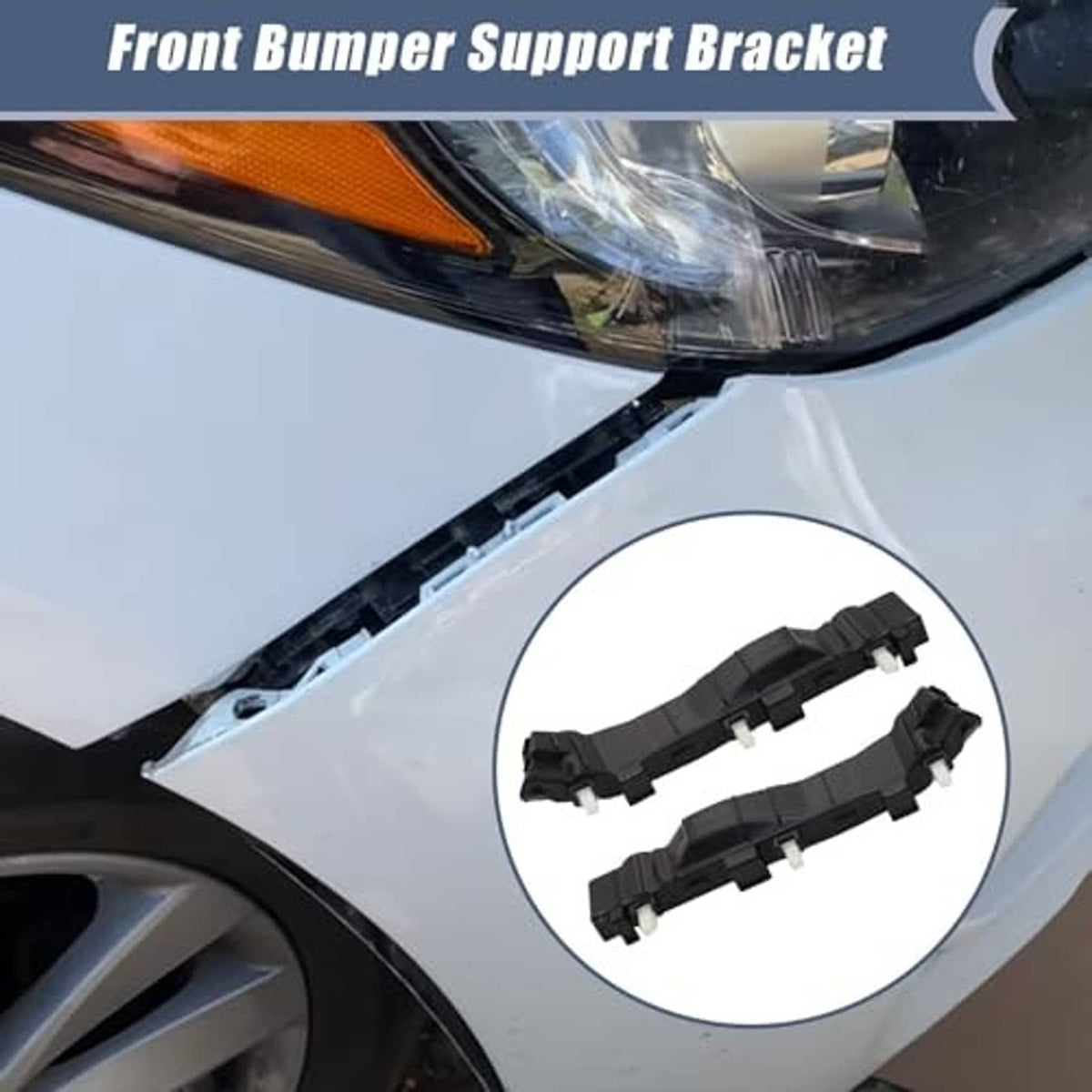 Front bumper support bracket set, close-up: black brackets with white mounting tabs