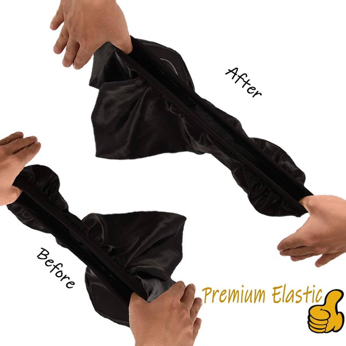 Black satin sleep bonnet with soft elastic band, protective hair covering.