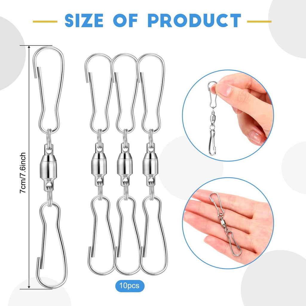 10-pack silver swivel hook clips with chains; hand holding one clip
