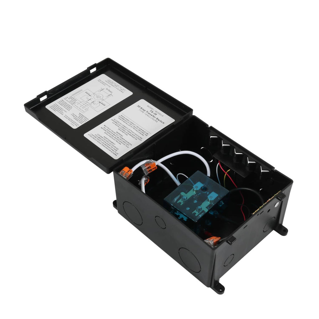 30 amp automatic transfer switch with open black housing and internal control wiring