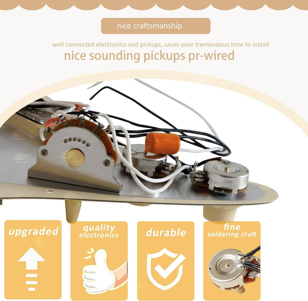 Prewired guitar pickguard electronics assembly with connected components on the backplate