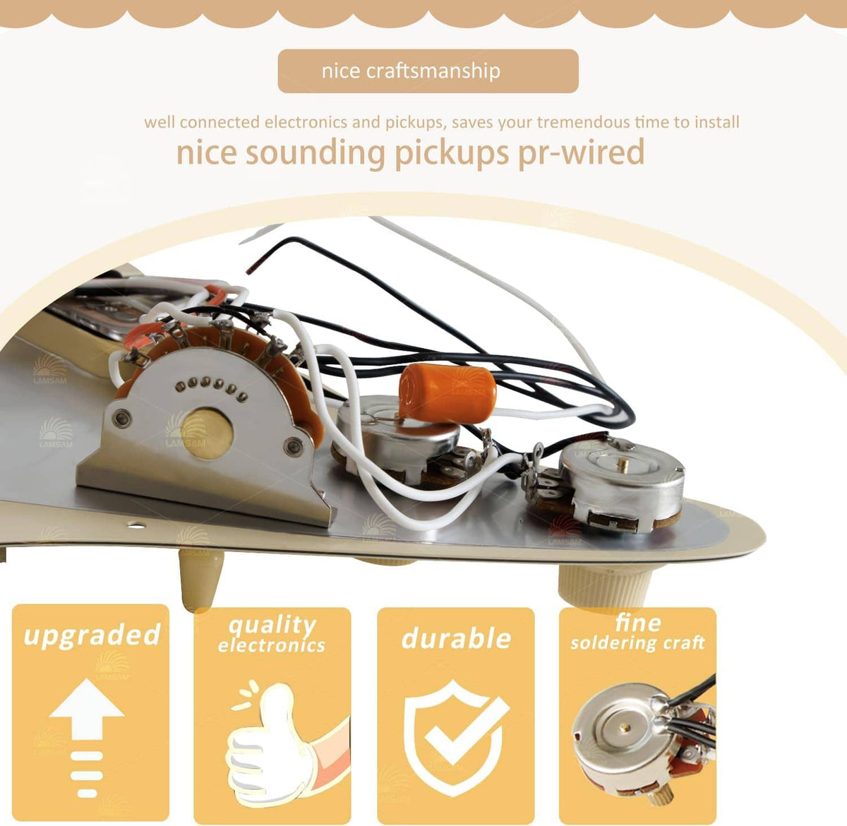 Prewired guitar pickguard electronics assembly with connected components on the backplate