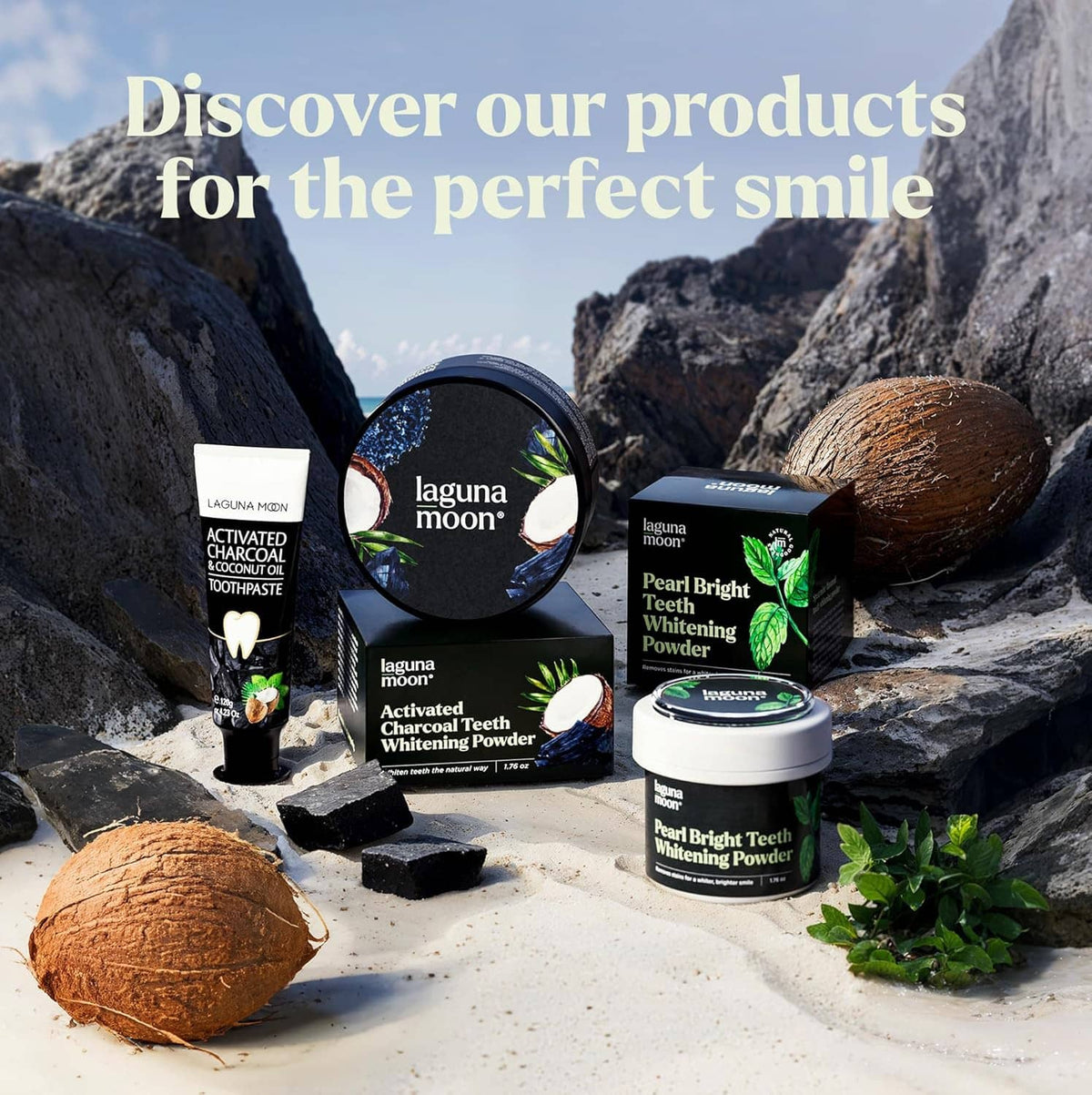 Multiple teeth whitening powder packages, including jar and box, on a sandy surface