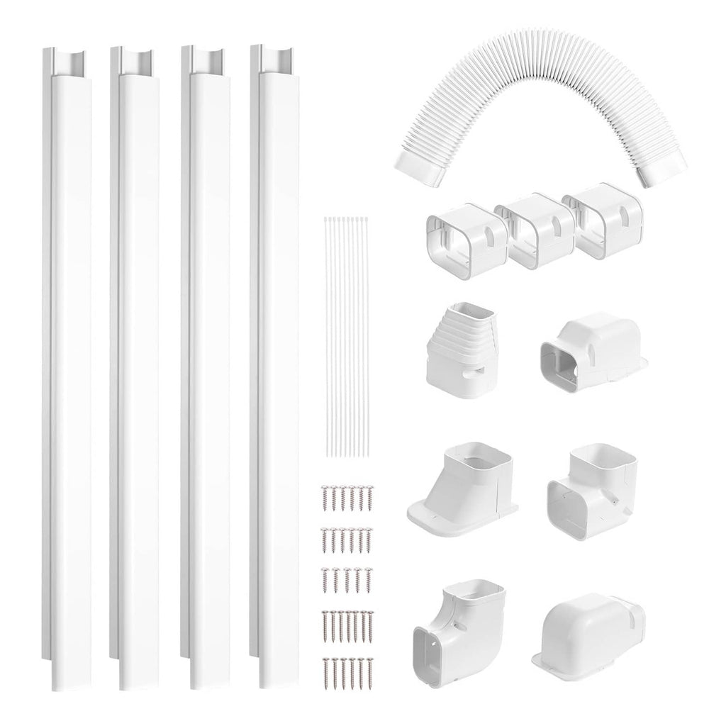 PVC line set cover kit with white tubing, connectors, elbows, and brackets for A/C lines