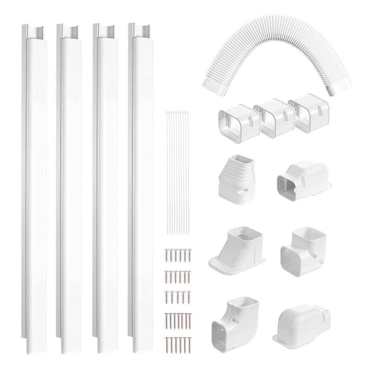 PVC line set cover kit with white tubing, connectors, elbows, and brackets for A/C lines