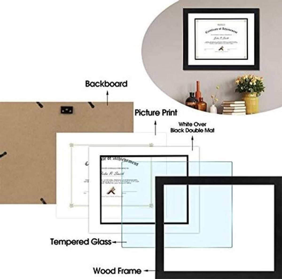 Black wood frame with tempered glass and white double mat for document photos