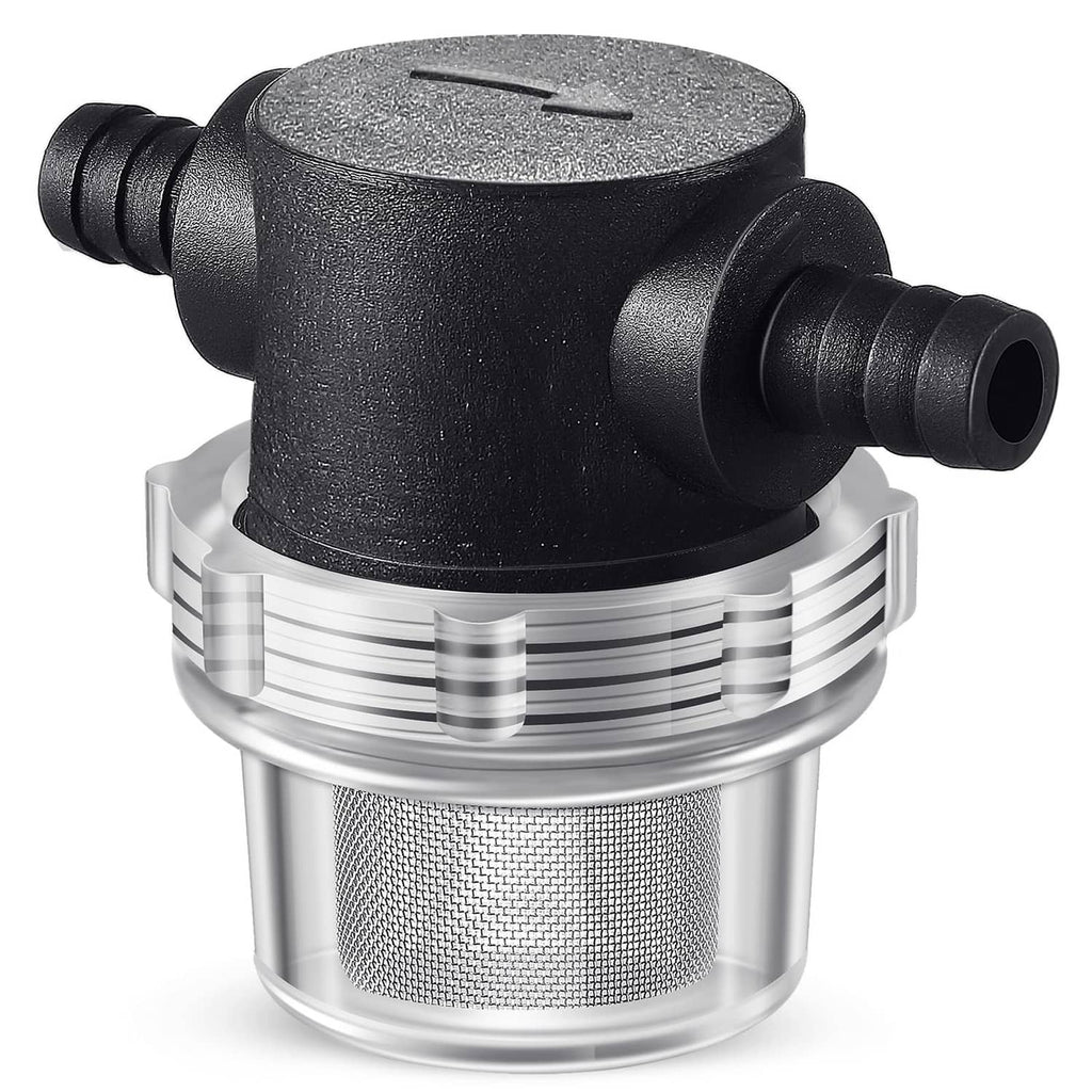 Black 3/8 water pump strainer with stainless mesh filter and hose barb fittings