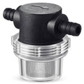 Black 3/8 water pump strainer with stainless mesh filter and hose barb fittings