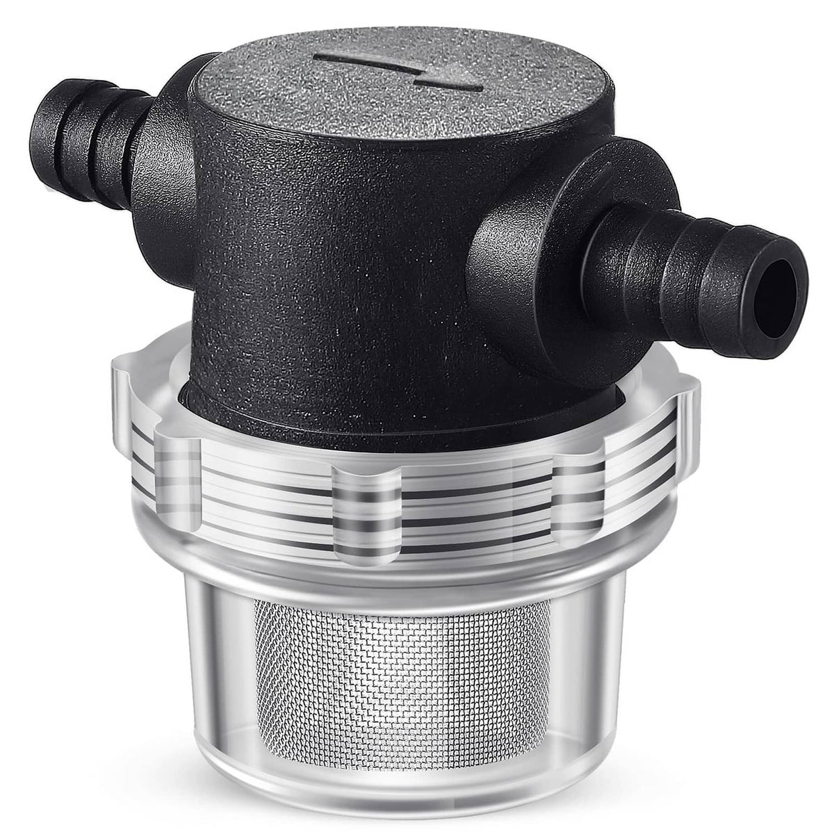 Black 3/8 water pump strainer with stainless mesh filter and hose barb fittings