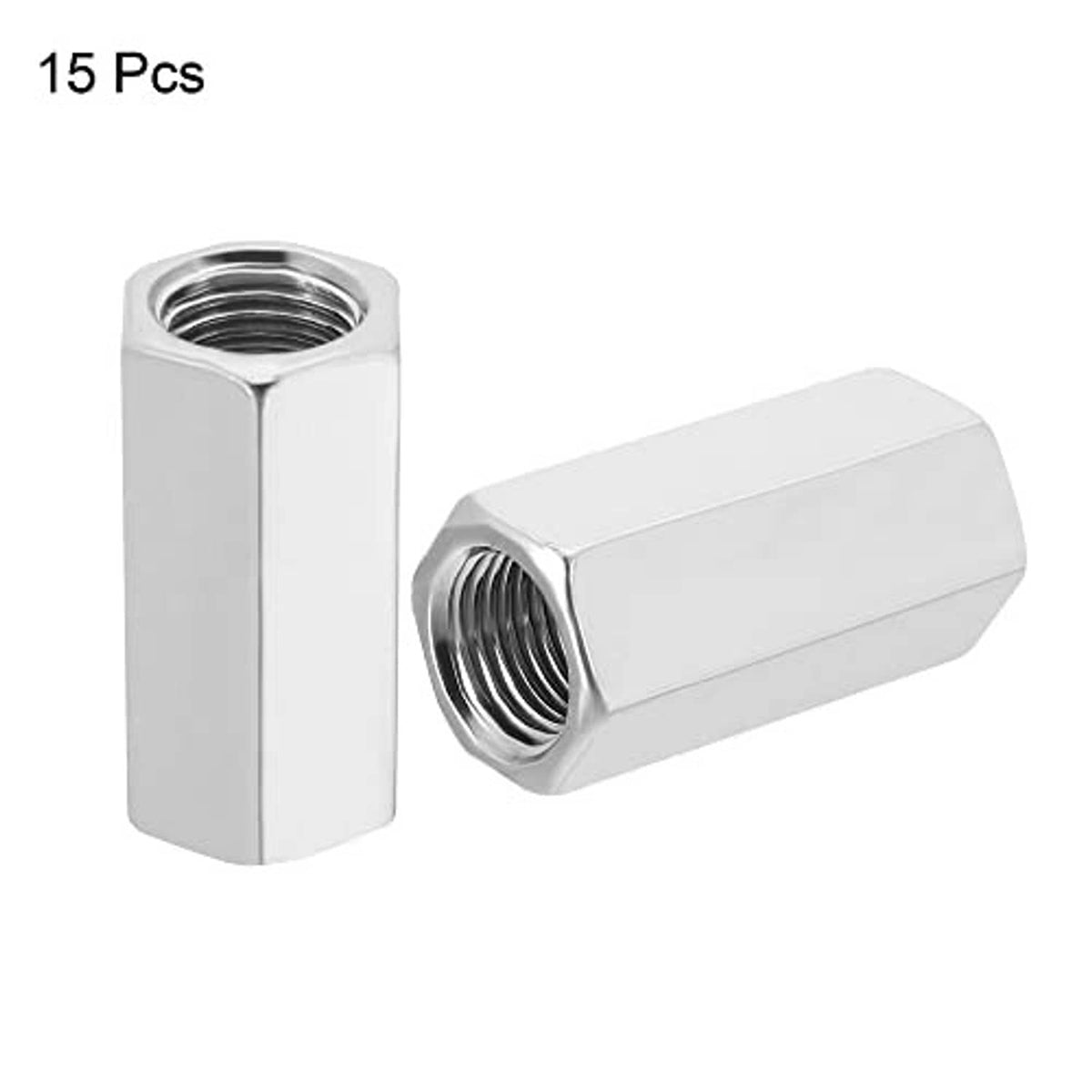 Hex coupling nut pair with M10x1 fine internal thread, silver zinc-plated look