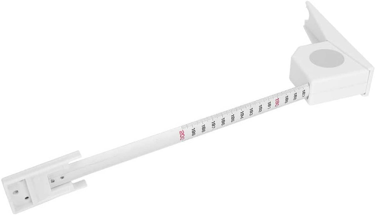 Retractable wall height meter with extended tape and white mounting bracket