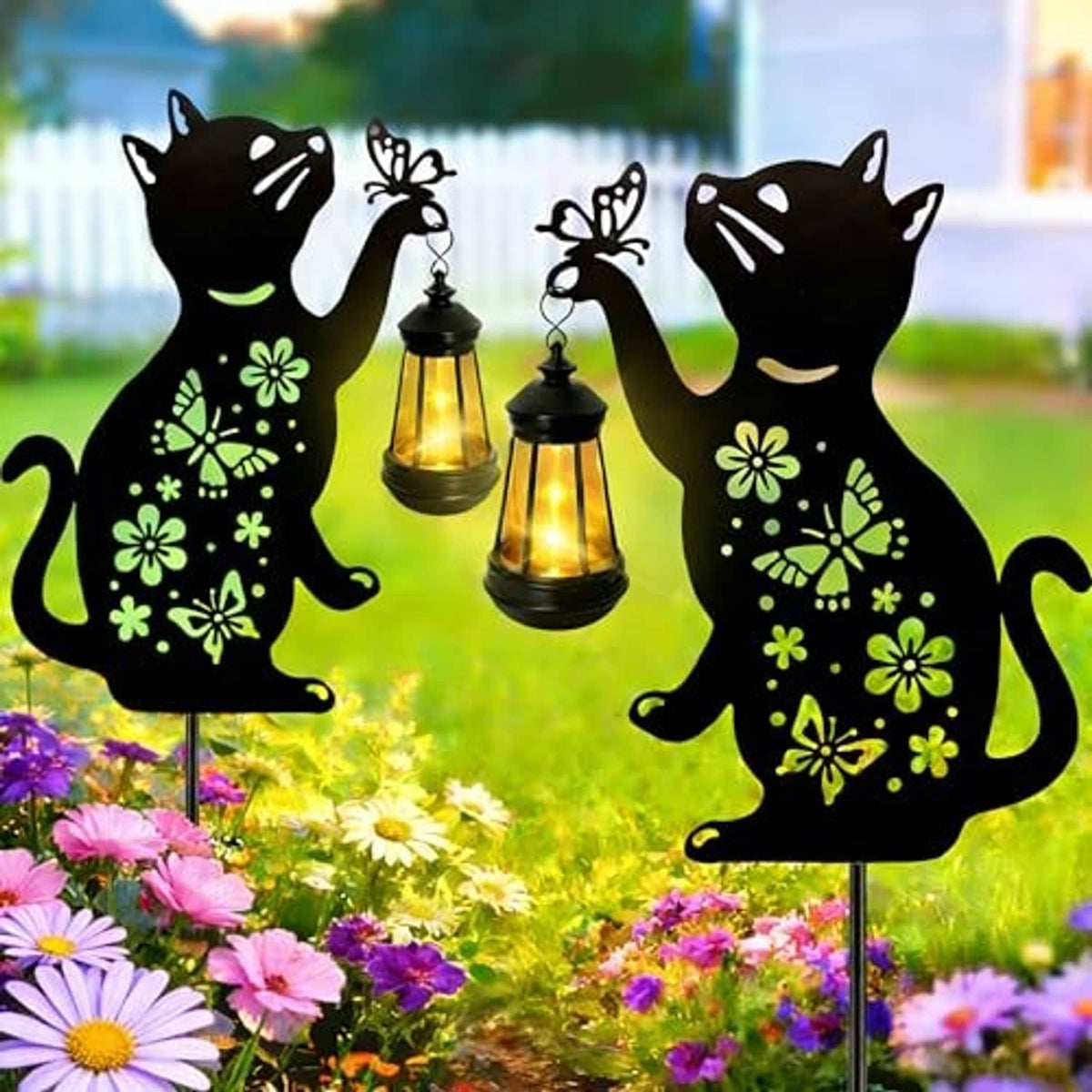 Black cat solar hanging lantern yard stake with two glowing lanterns