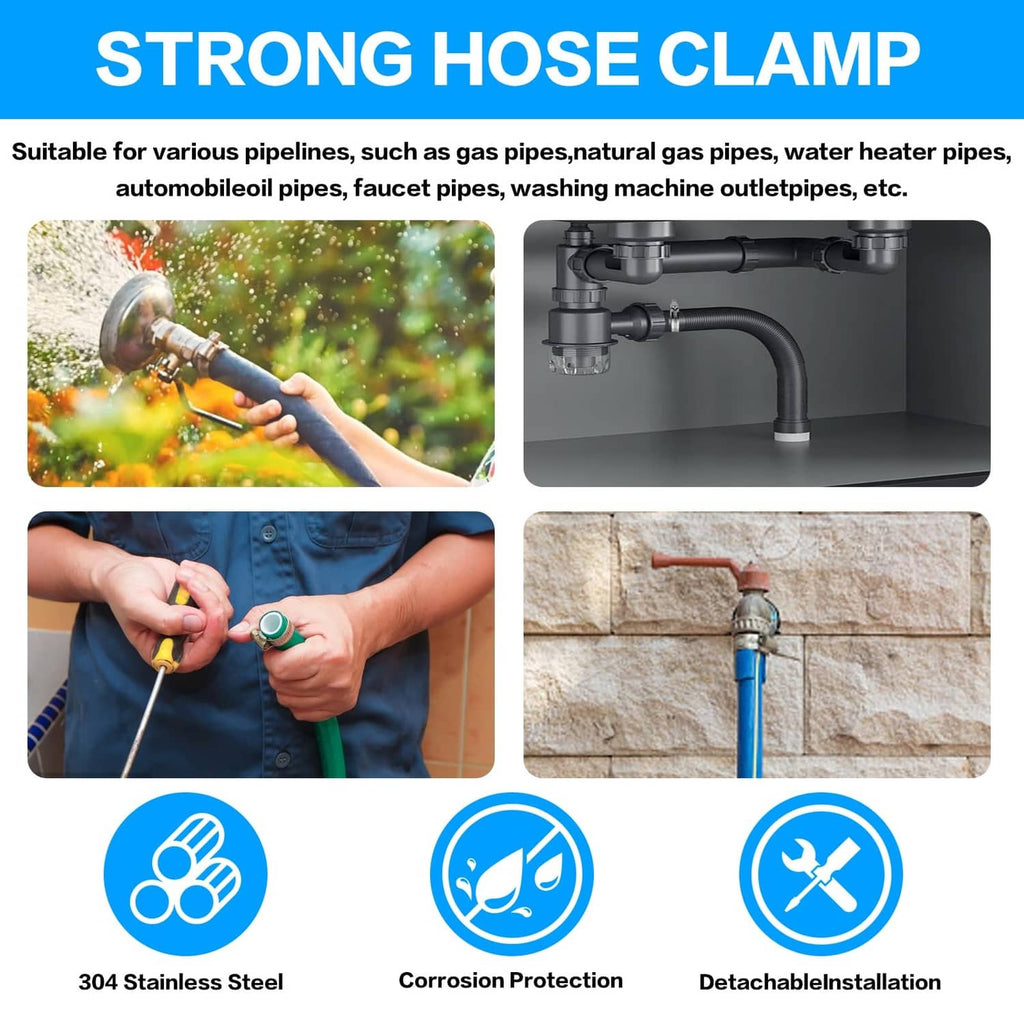 Stainless steel hose clamp set for pipes, shown with corrosion-protection icons