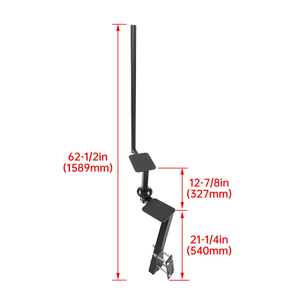 Boat trailer step assembly with handle showing height and width measurements