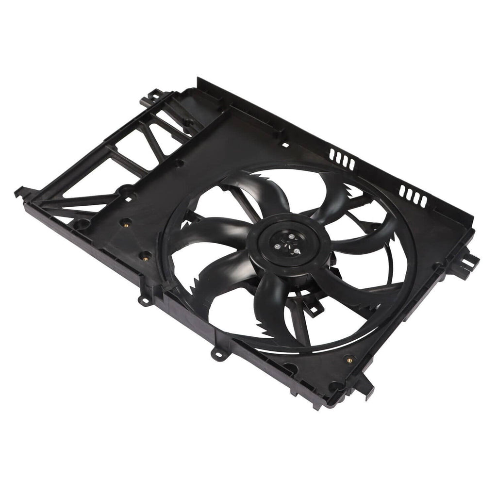 Radiator cooling fan assembly angled view, black frame with four-blade fan