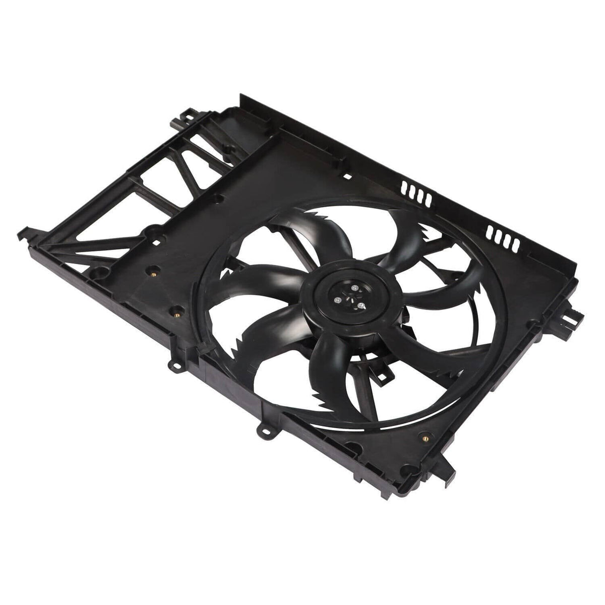 Radiator cooling fan assembly angled view, black frame with four-blade fan