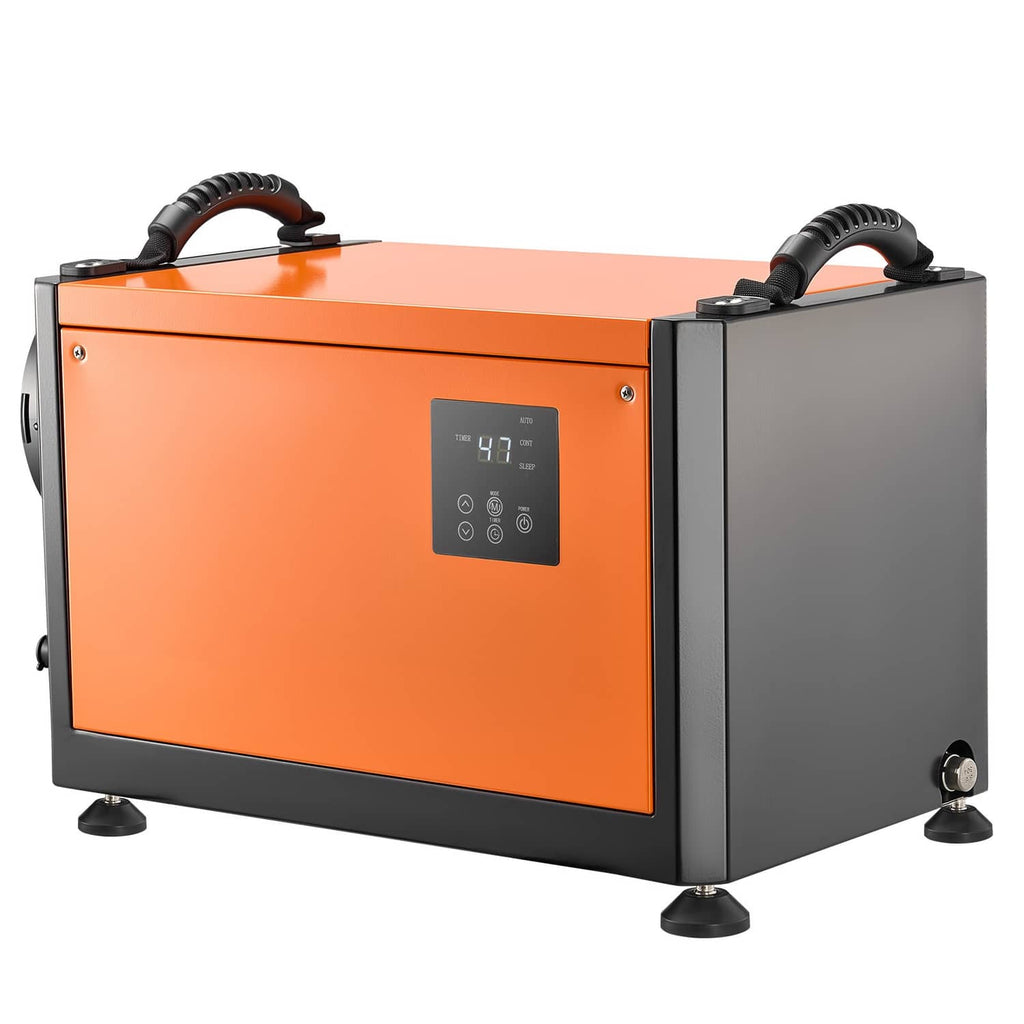 Orange commercial dehumidifier with black side housing, control panel, and top handle
