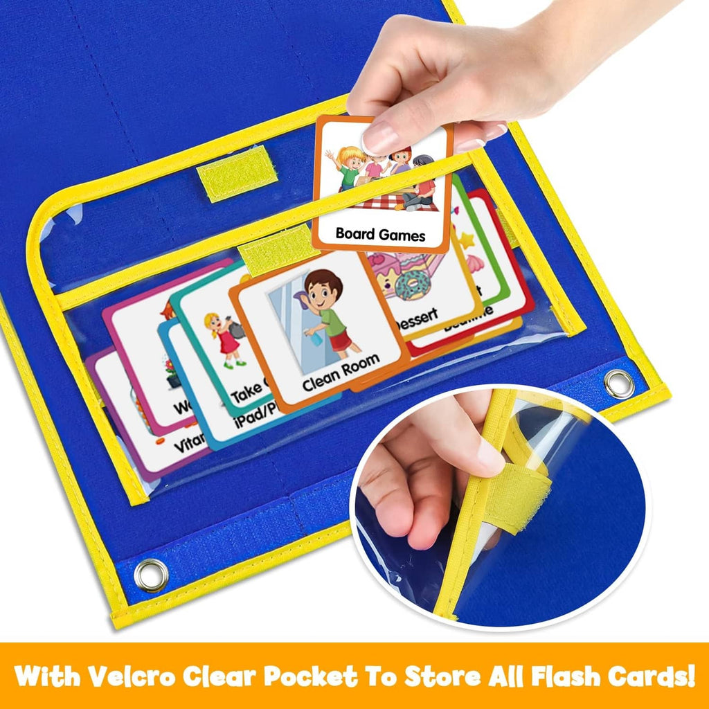 Kids chore visual schedule board with clear Velcro pocket holding picture flash cards