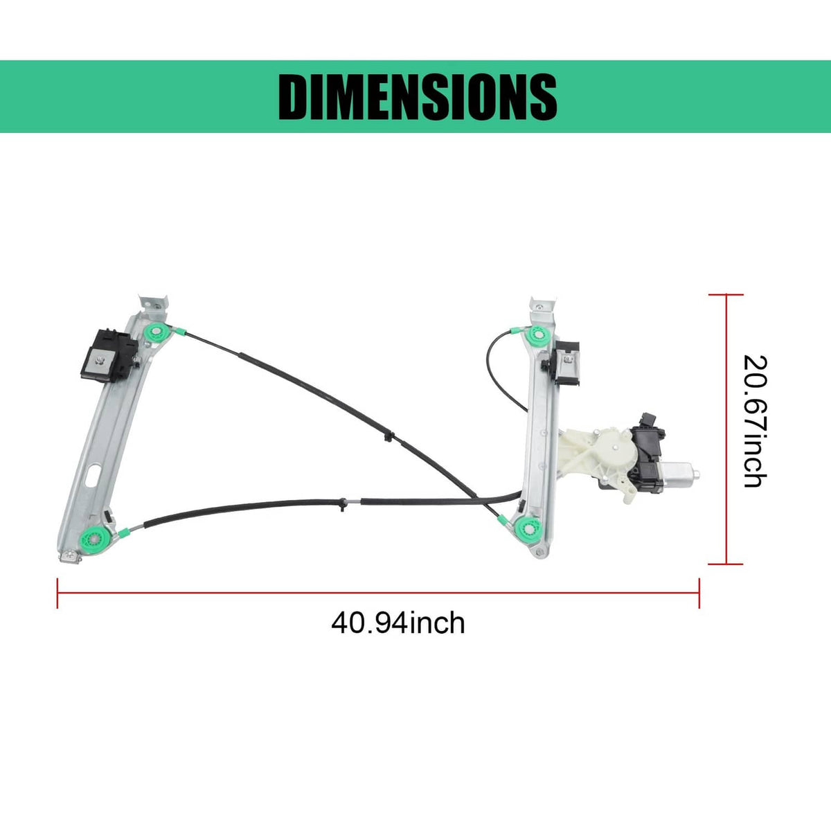 Power window regulator and motor assembly shown side-on with green circuit mounts