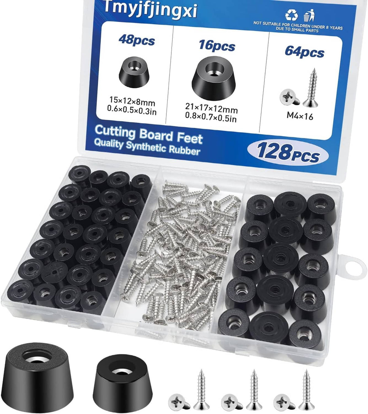 128-piece set of black rubber cutting board feet and stainless screws in clear box