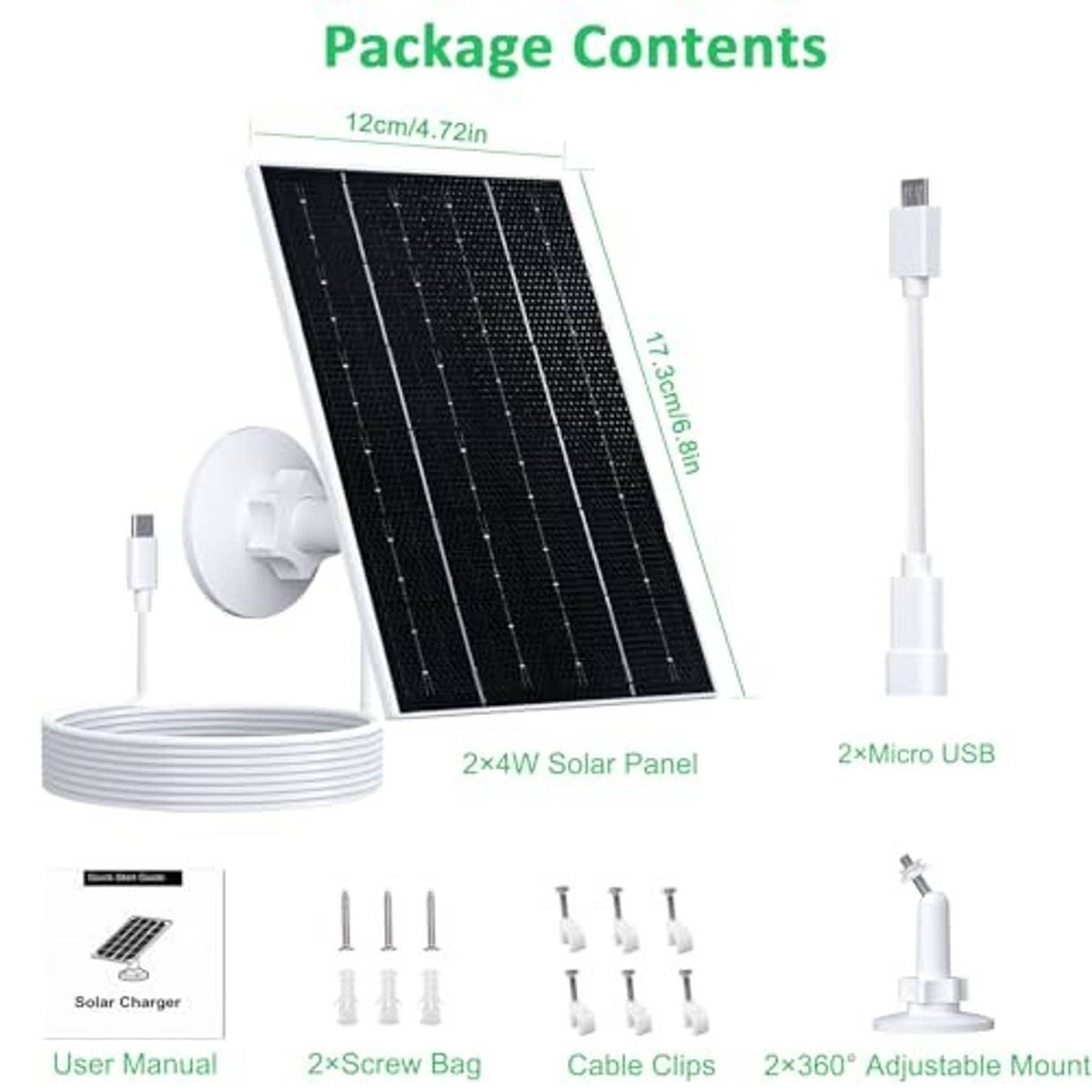 Solar charging kit contents: two solar panels, mounts, Micro USB cables, screws, clips