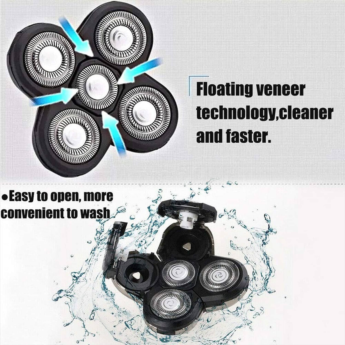Black electric razor replacement head with five circular blades, shown with water splash
