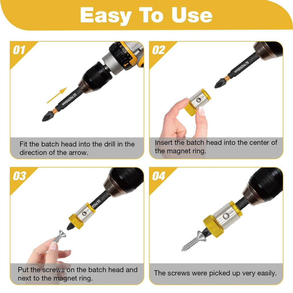 Magnetic screw ring tool steps: insert ring, add screws, pick up easily
