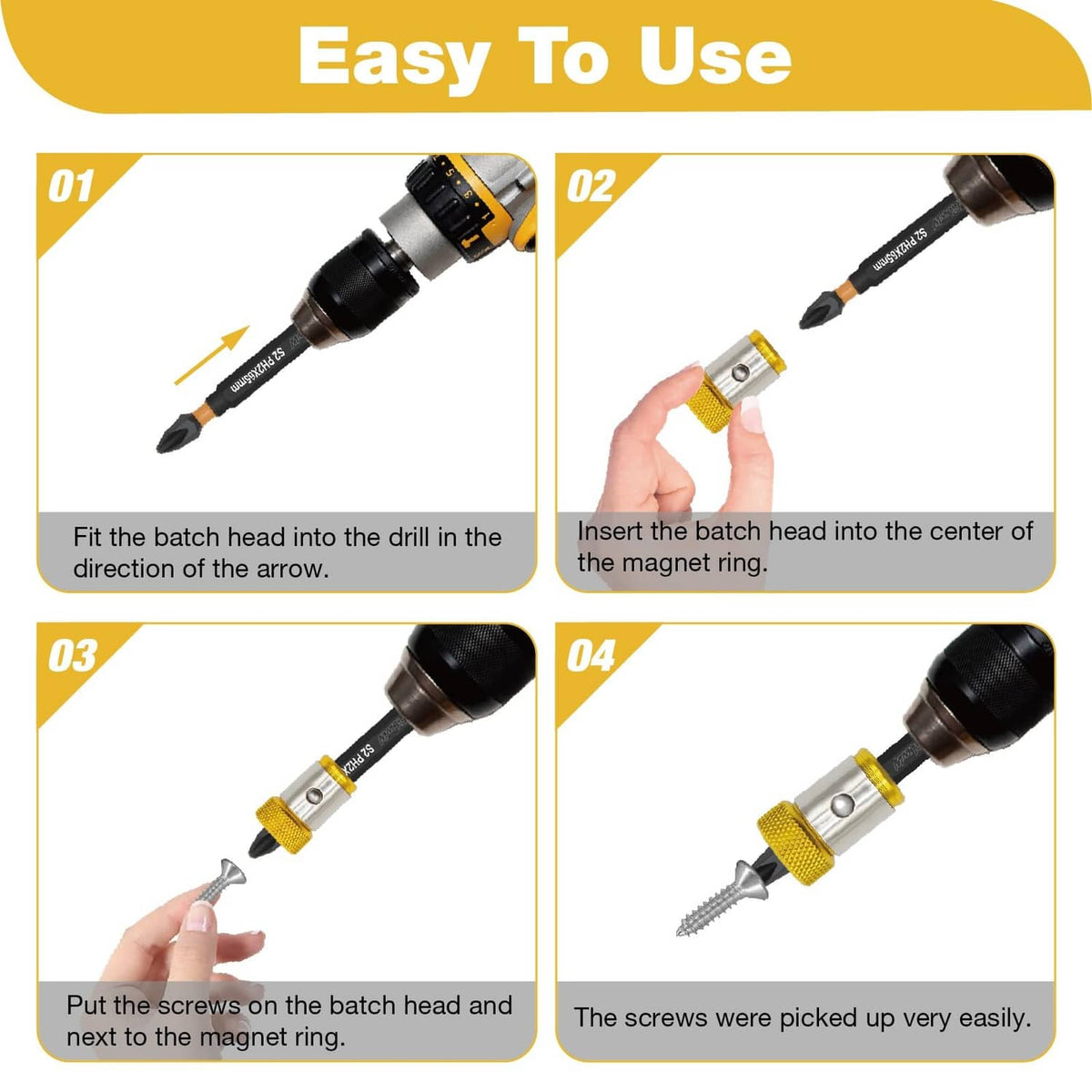 Magnetic screw ring tool steps: insert ring, add screws, pick up easily
