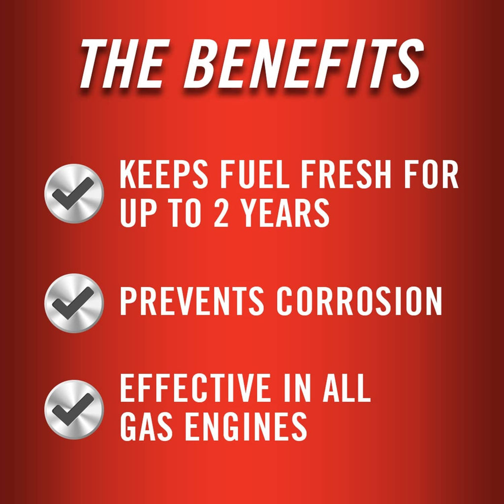 Fuel stabilizer benefits graphic: keeps fuel fresh up to 2 years