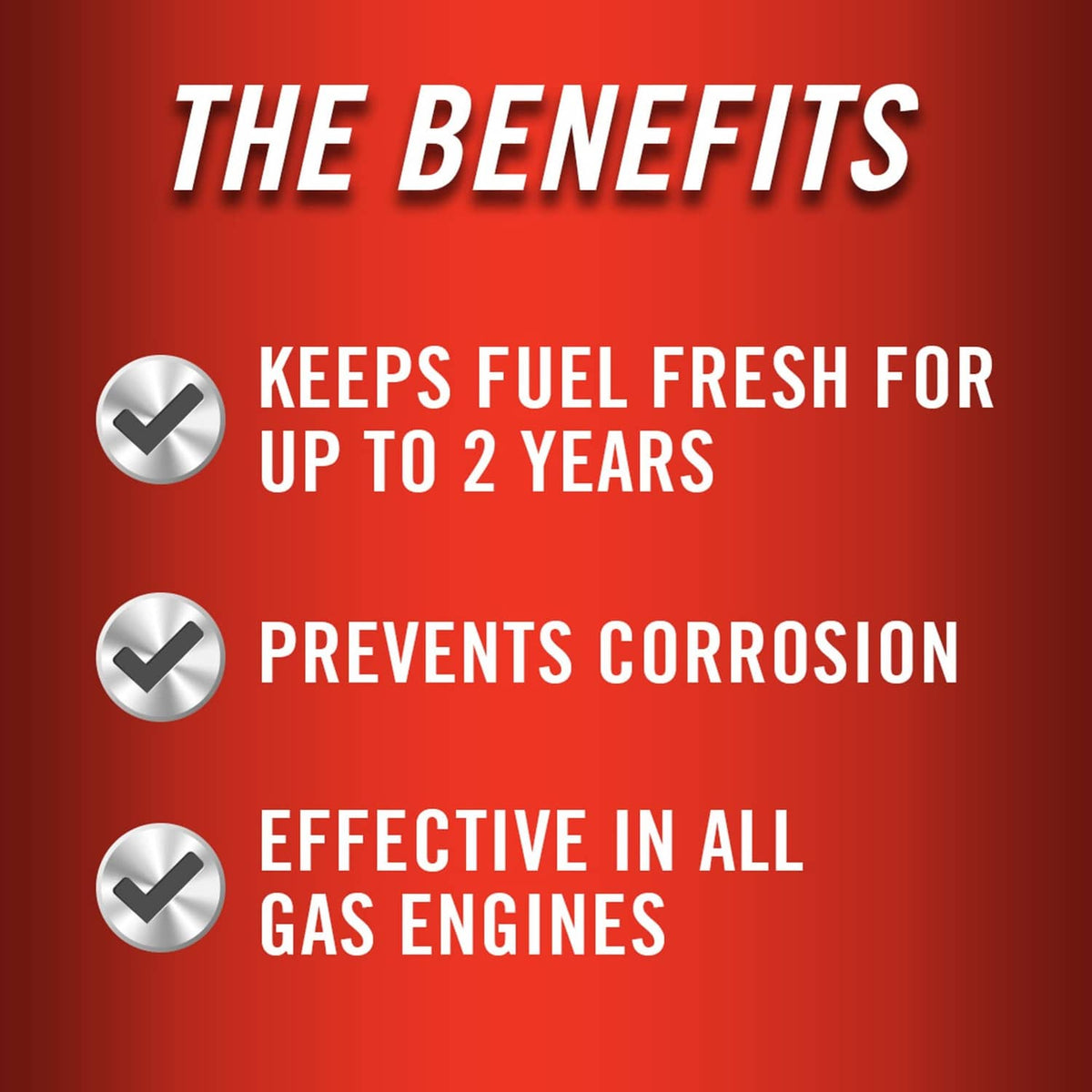 Fuel stabilizer benefits graphic: keeps fuel fresh up to 2 years