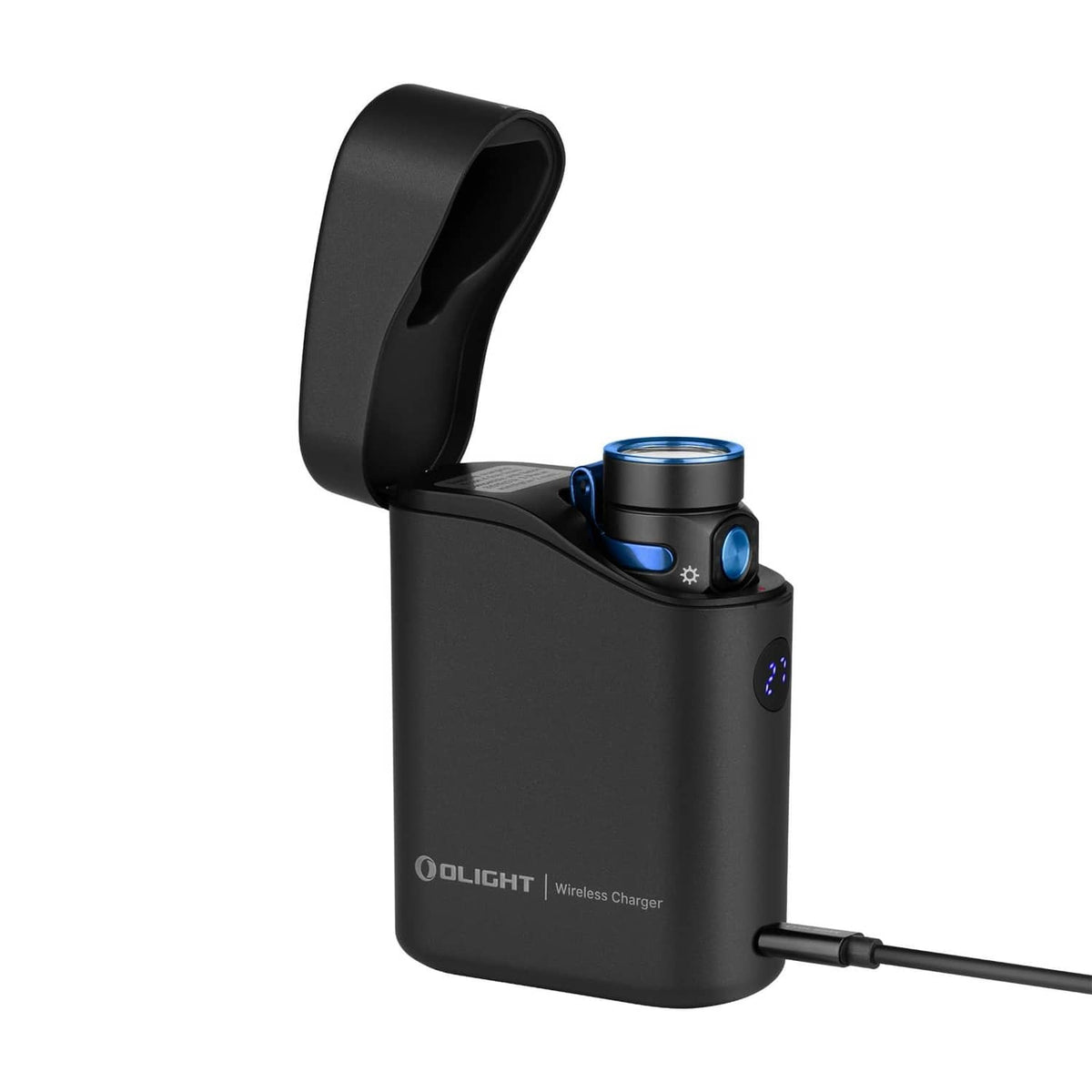 Black EDC flashlight charging dock with upright cradle and side controls