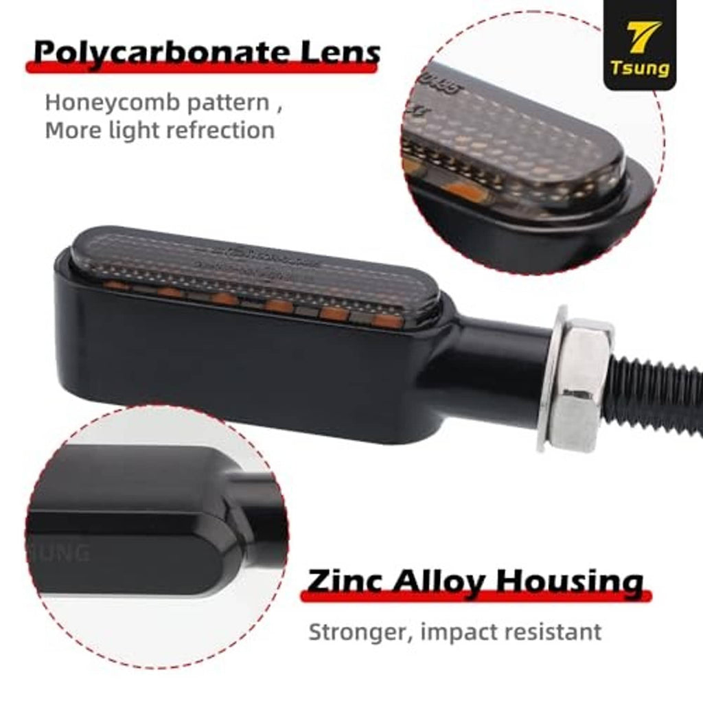 Black polycarbonate-lens LED turn signal with amber reflector windows