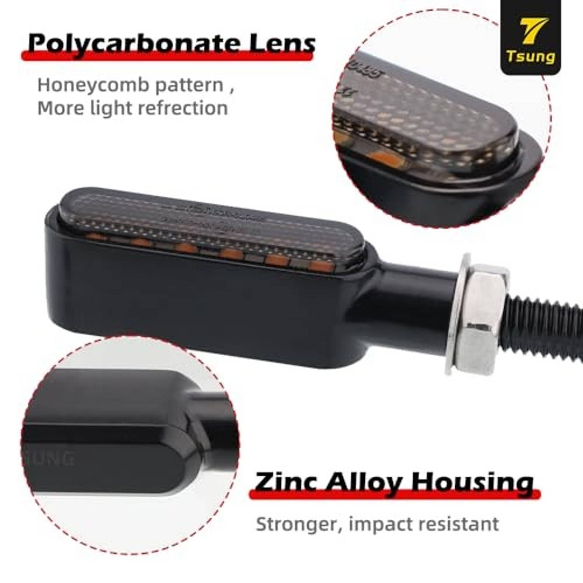 Black polycarbonate-lens LED turn signal with amber reflector windows
