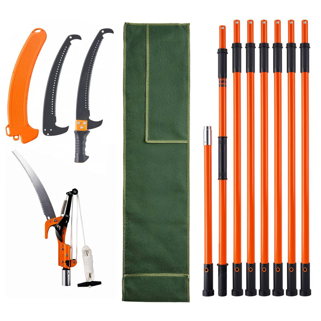Extendable pole pruner kit with orange/black handles, saw blades, and green storage bag