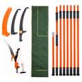 Extendable pole pruner kit with orange/black handles, saw blades, and green storage bag