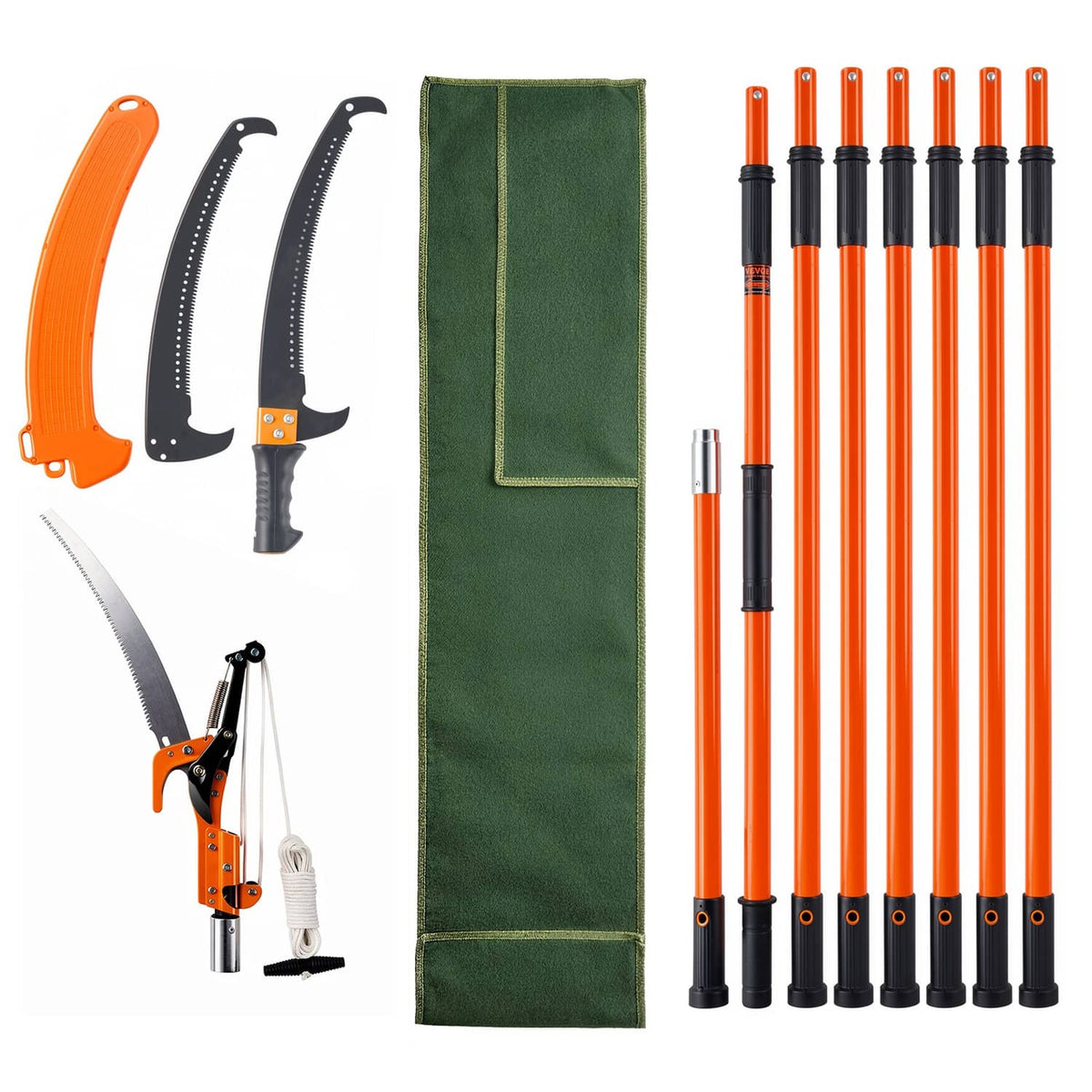 Extendable pole pruner kit with orange/black handles, saw blades, and green storage bag
