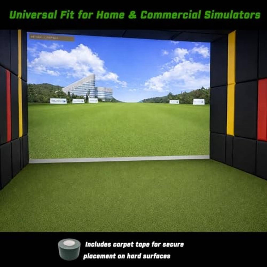 Green golf simulator turf mat inside an enclosure, with included carpet tape roll