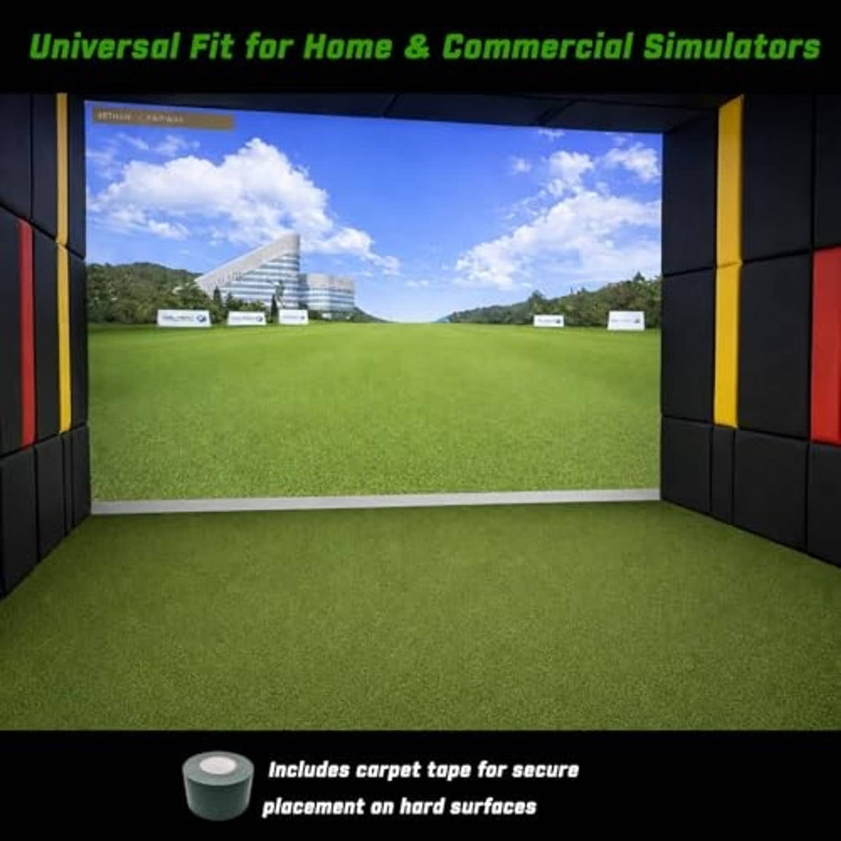 Green golf simulator turf mat inside an enclosure, with included carpet tape roll