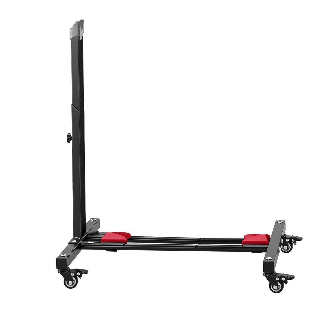 Freestanding bike stand rack with wheels, upright post and horizontal support with red pads