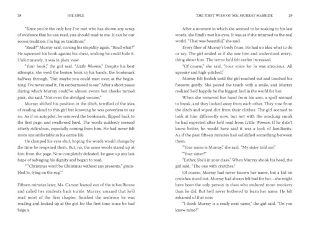Printed novel pages with formatted dialogue and paragraph text across two columns.