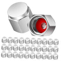 Chrome tire valve stem cap set with red insert, showing valve threads inside