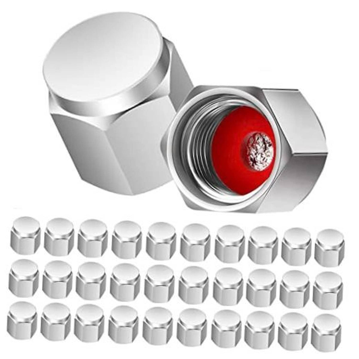 Chrome tire valve stem cap set with red insert, showing valve threads inside