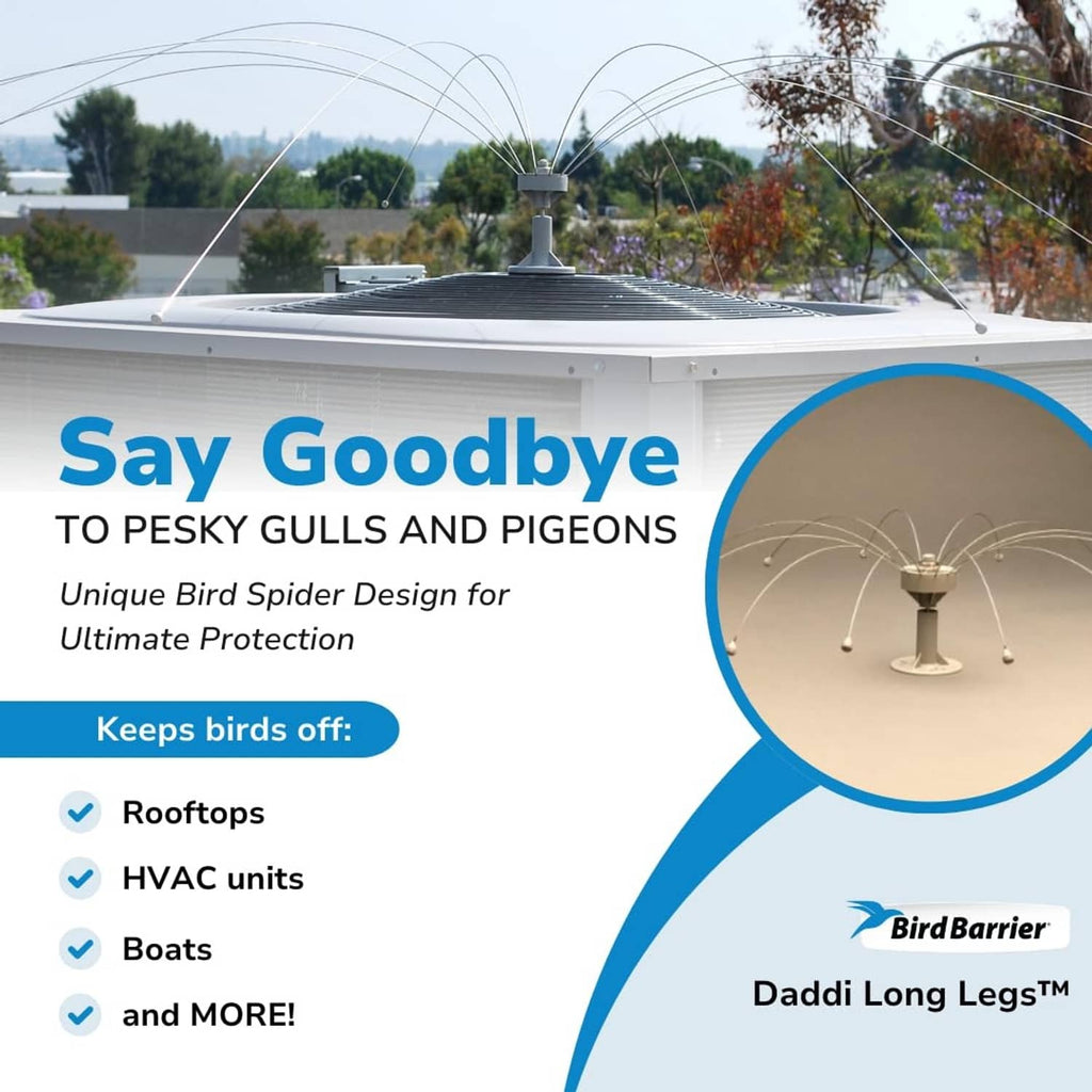 Gray long-legs bird deterrent spider on a flat rooftop with wire legs