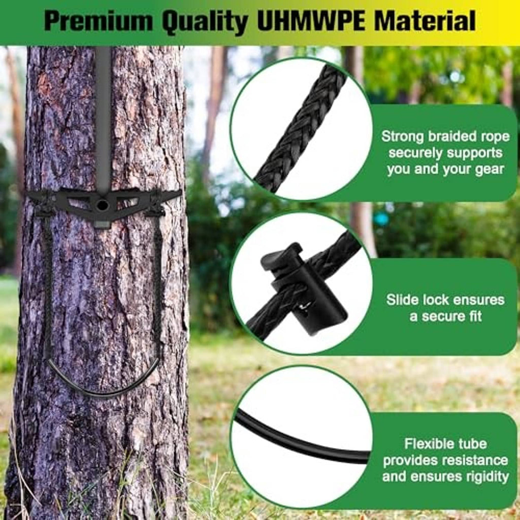 Black tree climbing stick aider strapped around a trunk with a curved step