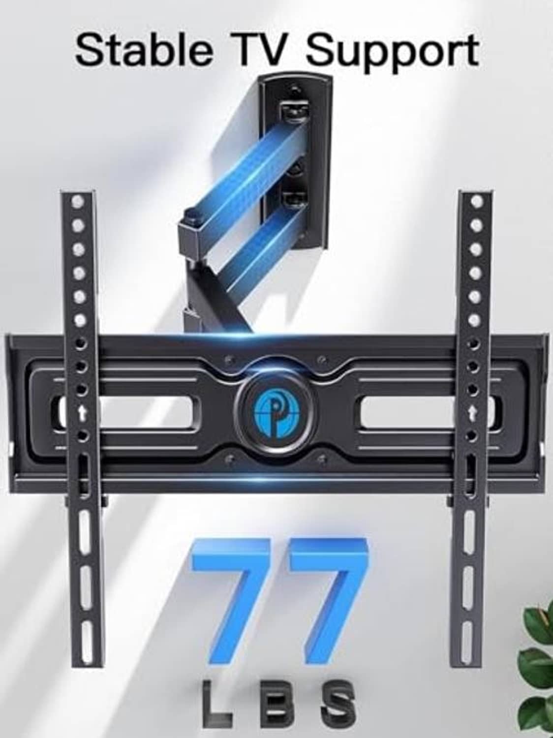 Black full-motion TV wall mount with stable base and max 77 lb support