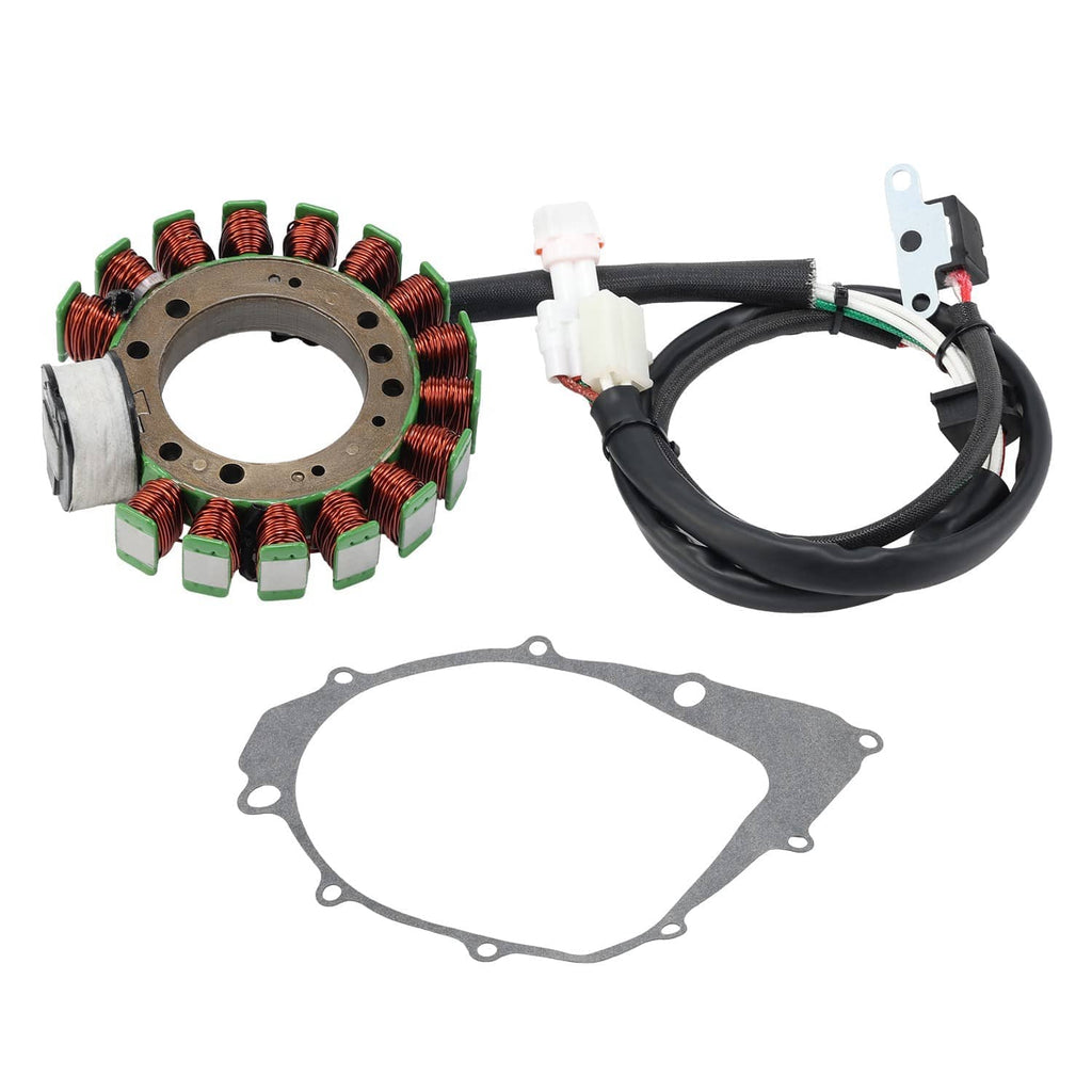 Motorcycle stator with green-coil windings, wire harness, and ignition gasket