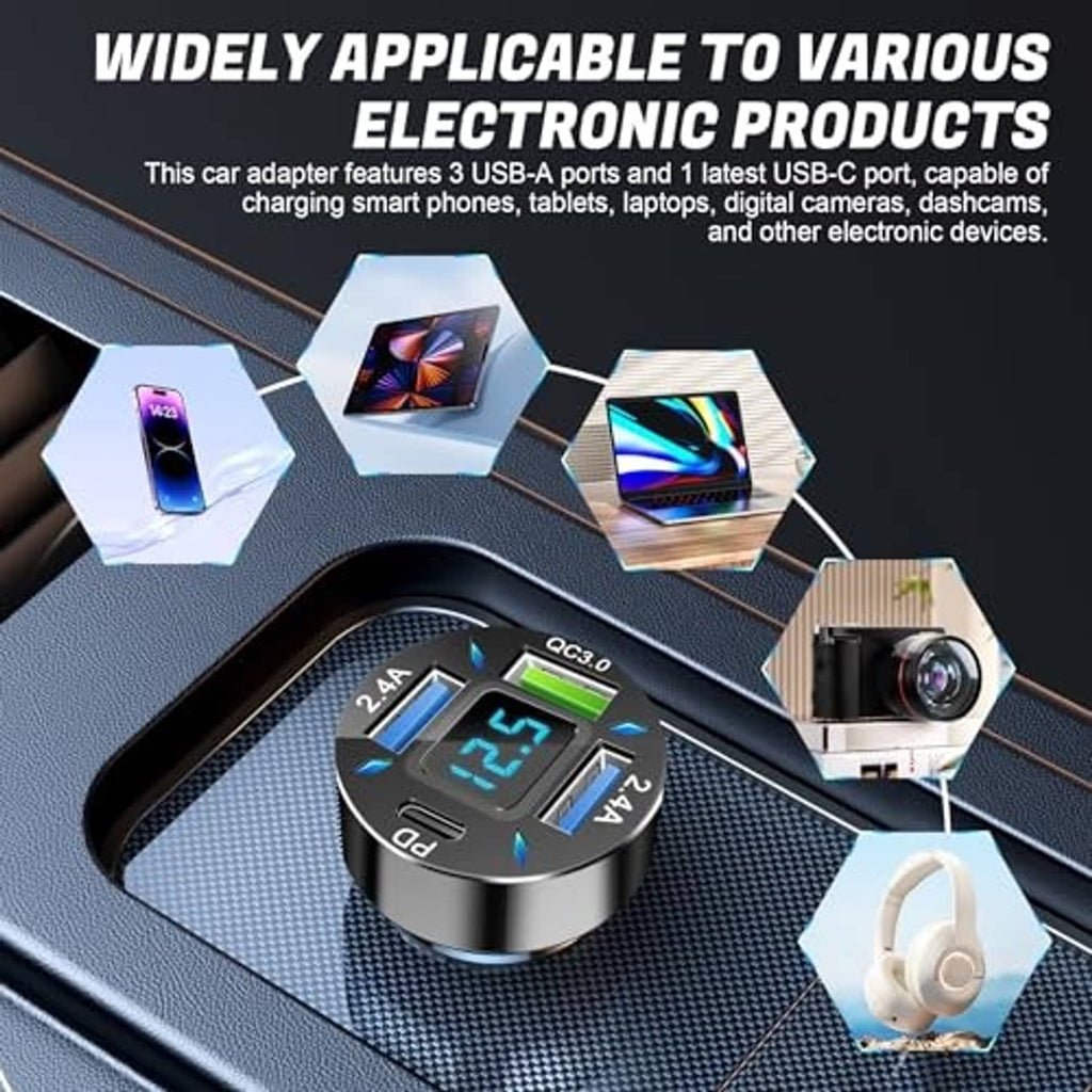 Black 4-port car charger adapter with LED display, USB-A ports and USB-C port