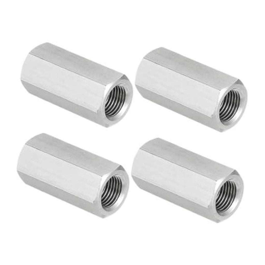 Set of 4 stainless steel hex coupling nuts with internal threads, polished finish