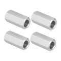 Set of 4 stainless steel hex coupling nuts with internal threads, polished finish